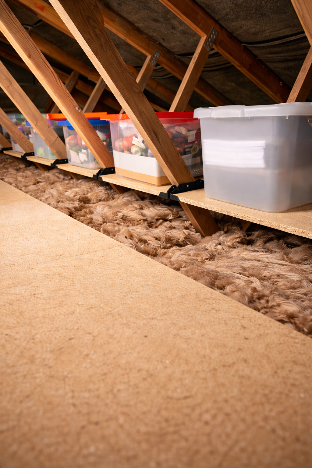 Raised loft boarding with storage boxes